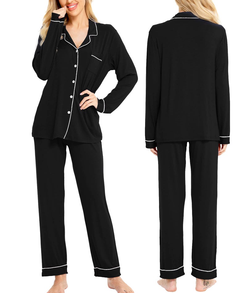 SWOMOG Womens Pajamas Set Long Sleeve Sleepwear Button Down Nightwear Soft Cotton Pj Lounge Sets with Pockets Black - Image 2